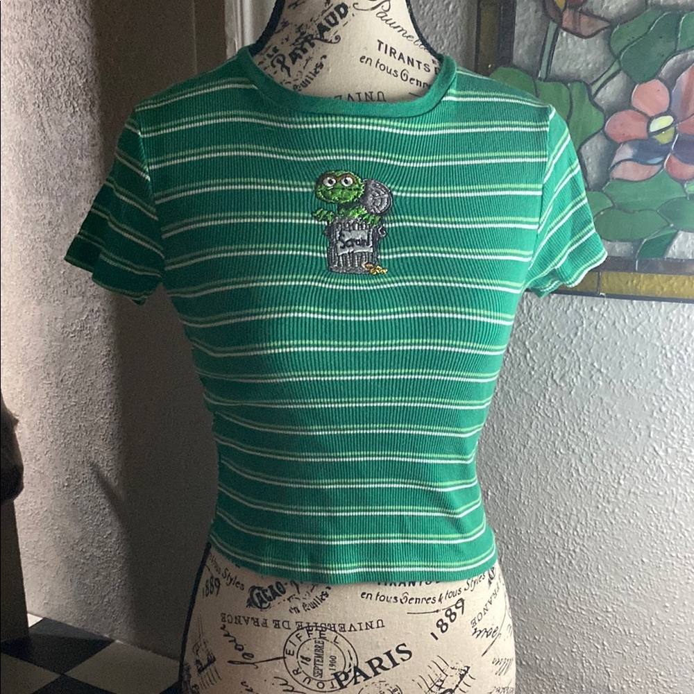 Oscar the Grouch Crop Top Womens Size S Green Striped Embroidered Scram T-Shirt